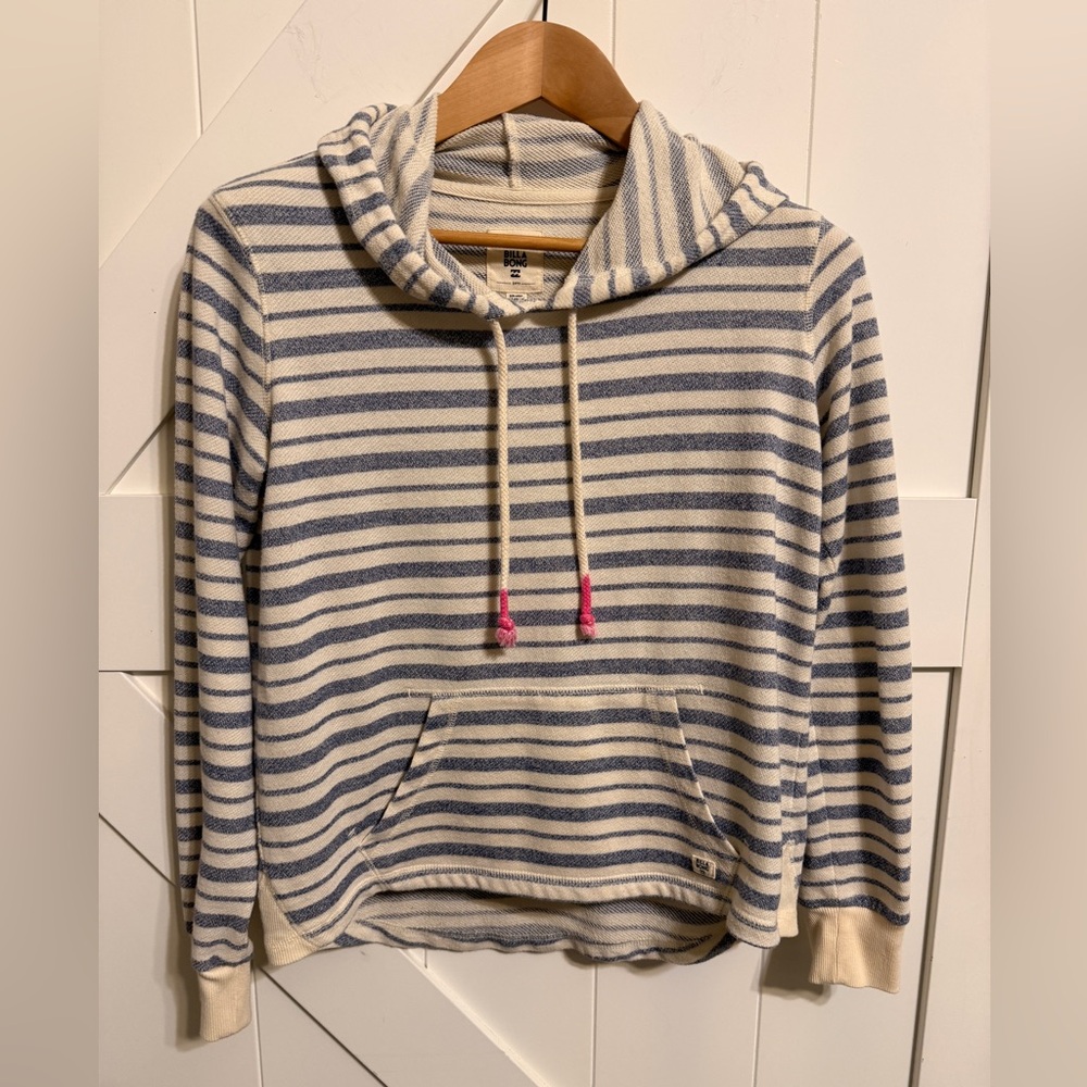 Billabong Blue and Cream Stripes Terry Hoodie Women’s Medium Skate Surf Beach